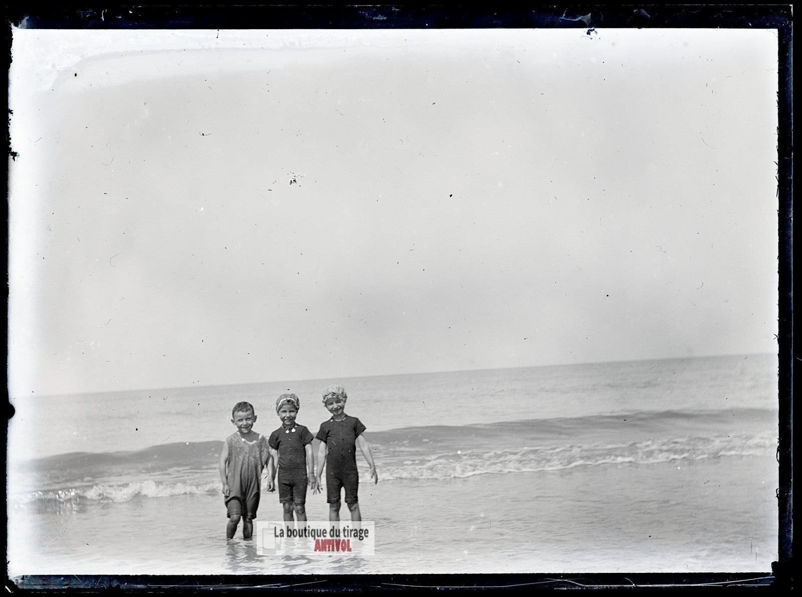 Berck-sur-Mer, baignade enfants, plaque verre photo ancienne, négatif 9x12 cm
