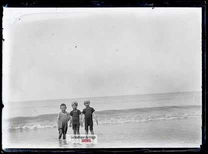 Berck-sur-Mer, baignade enfants, plaque verre photo ancienne, négatif 9x12 cm