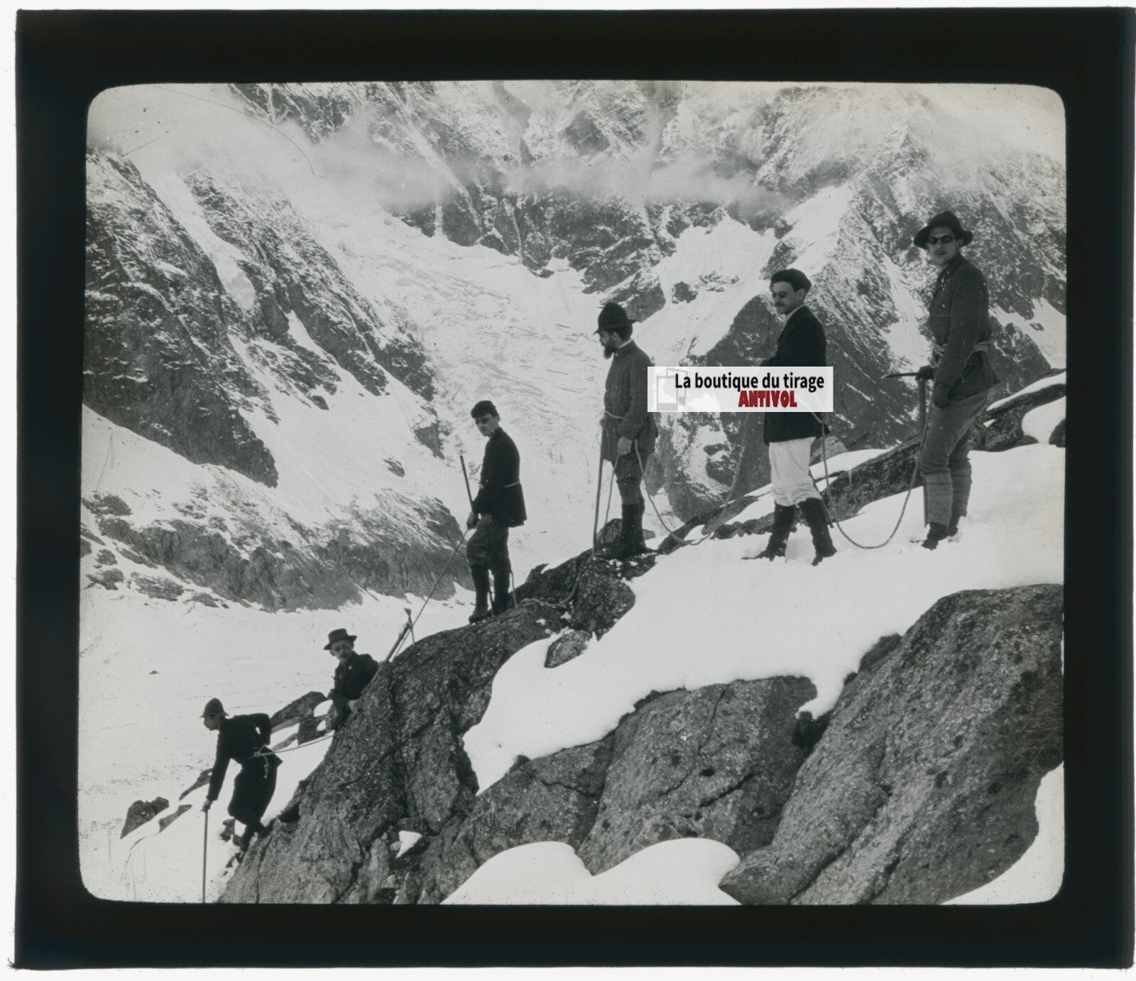 Alpinistes, montagne, glace, photo plaque verre, noir & blanc, positif 8,5x10 cm
