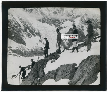 Alpinistes, montagne, glace, photo plaque verre, noir & blanc, positif 8,5x10 cm