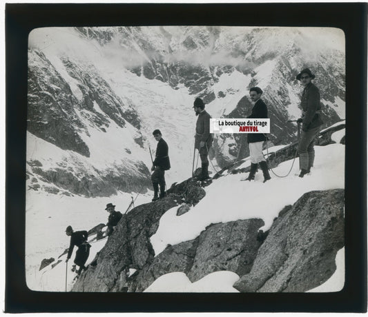 Alpinistes, montagne, glace, photo plaque verre, noir & blanc, positif 8,5x10 cm
