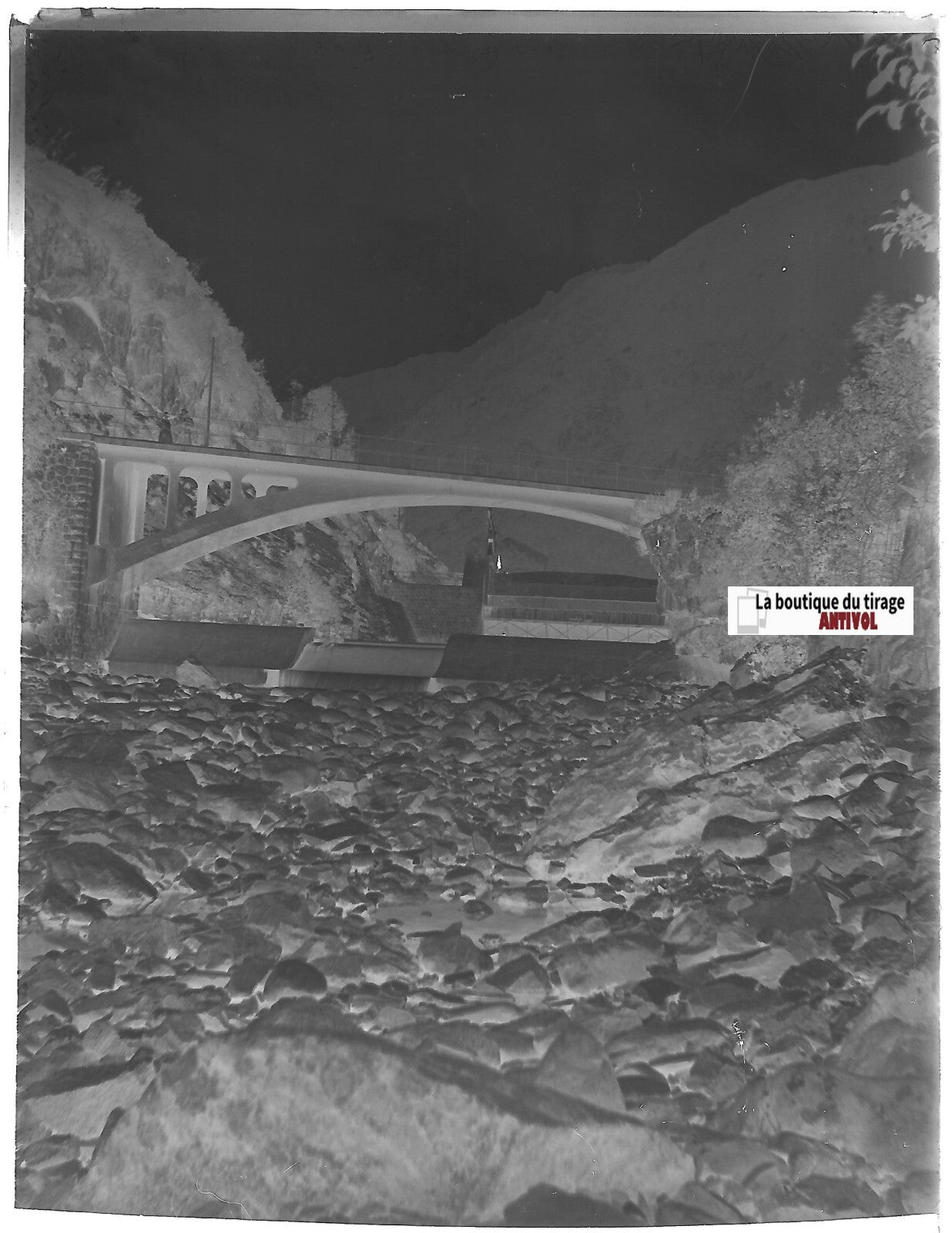 Barrage, pont, eau, Plaque verre photo ancienne, négatif noir & blanc 9x12 cm
