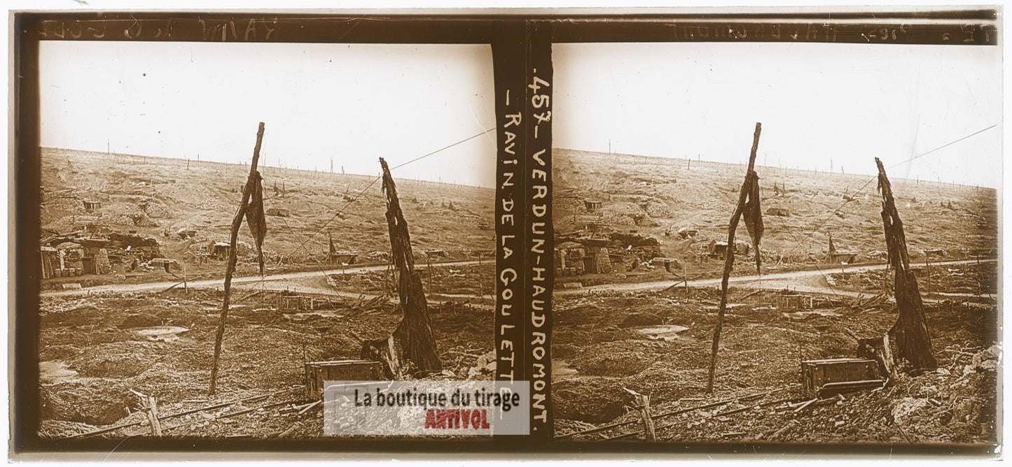 Verdun, Haudromont, Goulette, WW1, plaque verre photo ancienne stéréo 6x13 cm