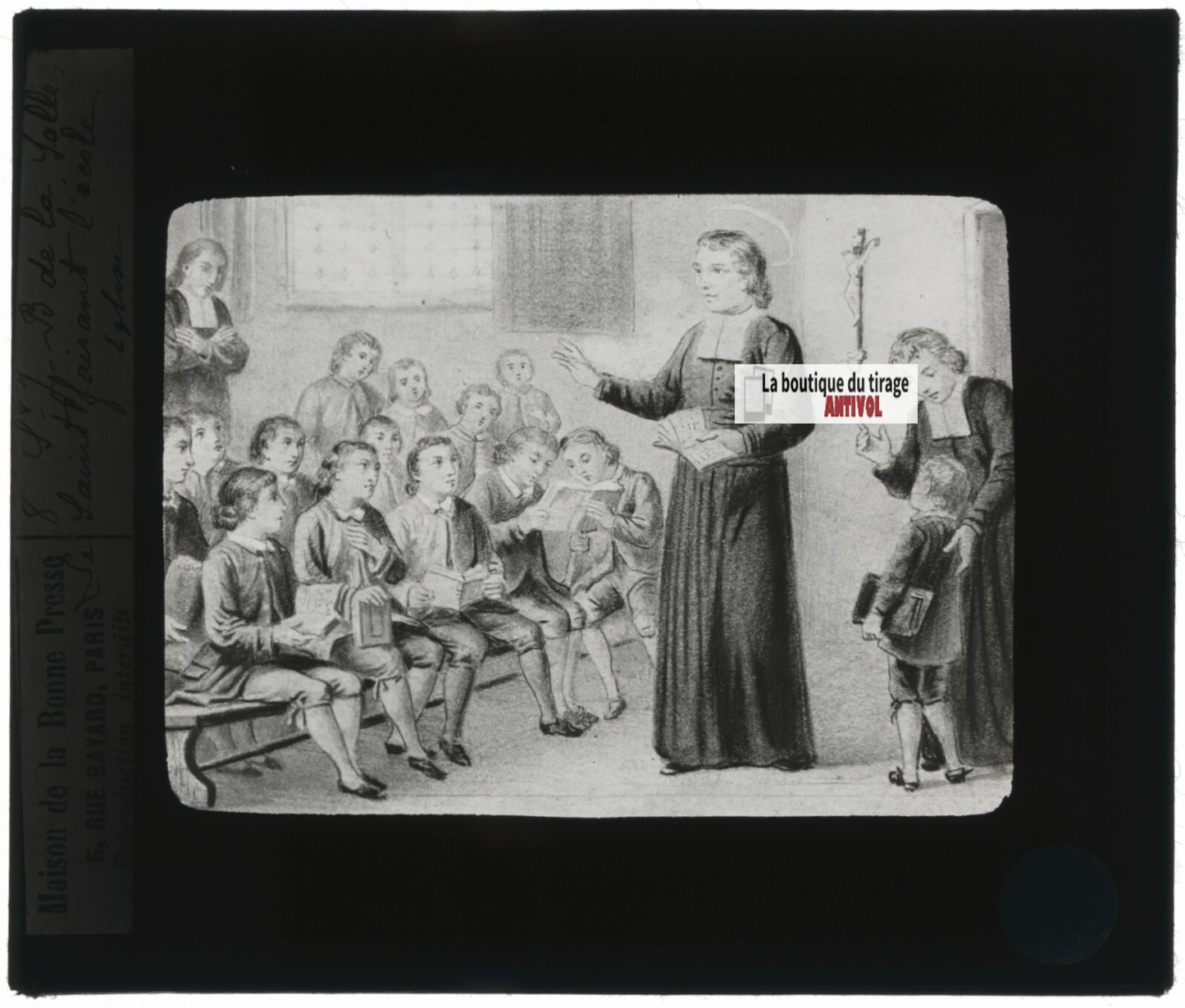 Saint Jean-Baptiste de La Salle, dessin, plaque de verre, positif 8,5x10 cm