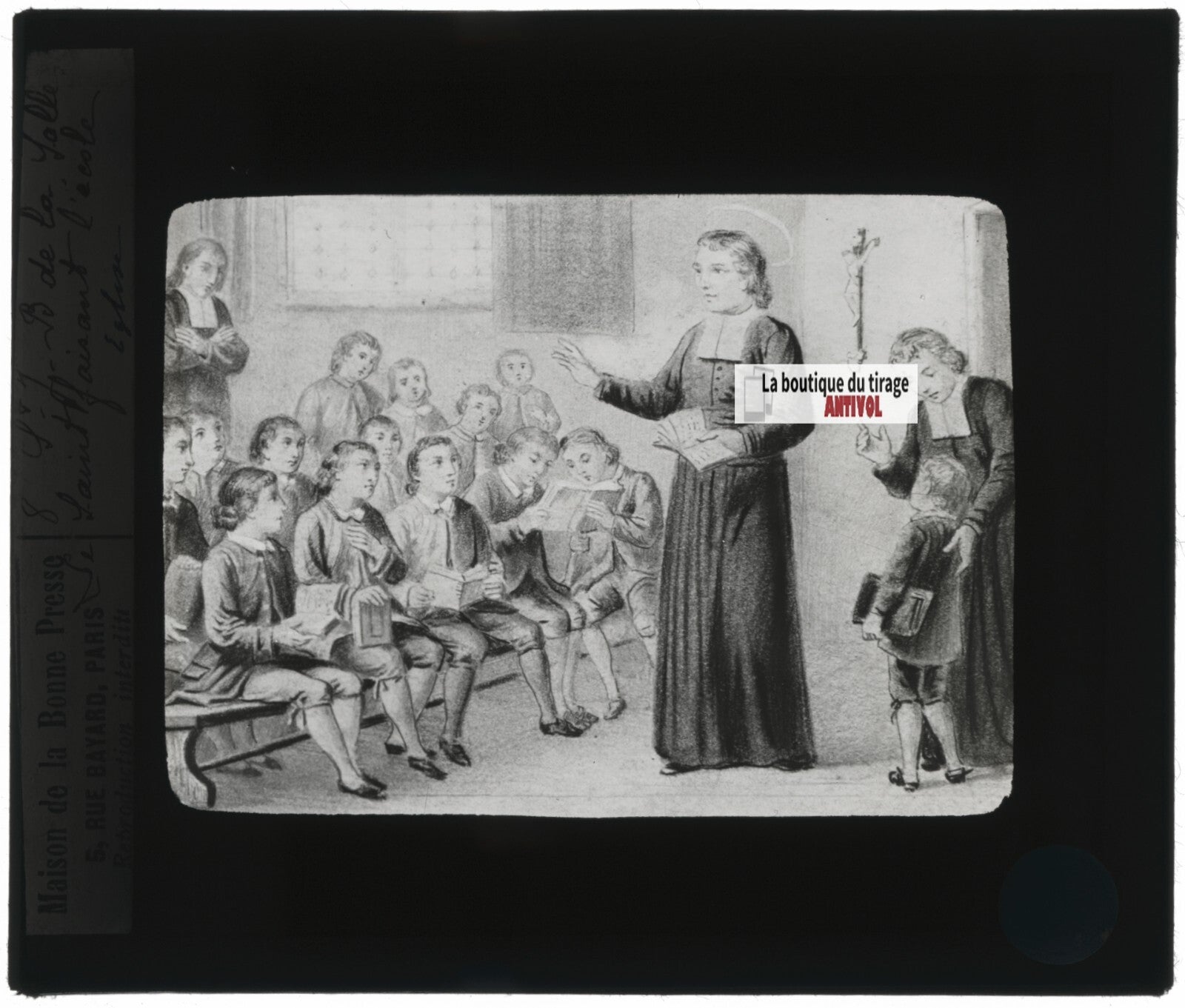 Saint Jean-Baptiste de La Salle, dessin, plaque de verre, positif 8,5x10 cm