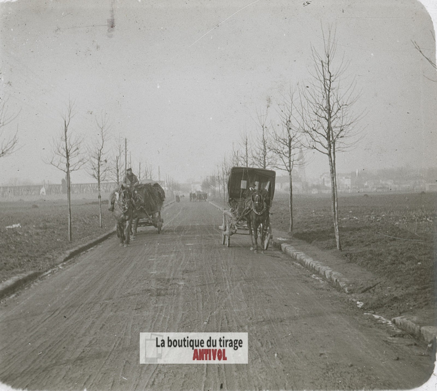 Voitures hippomobiles, chevaux, plaque verre photo ancienne stéréo 6x13 cm