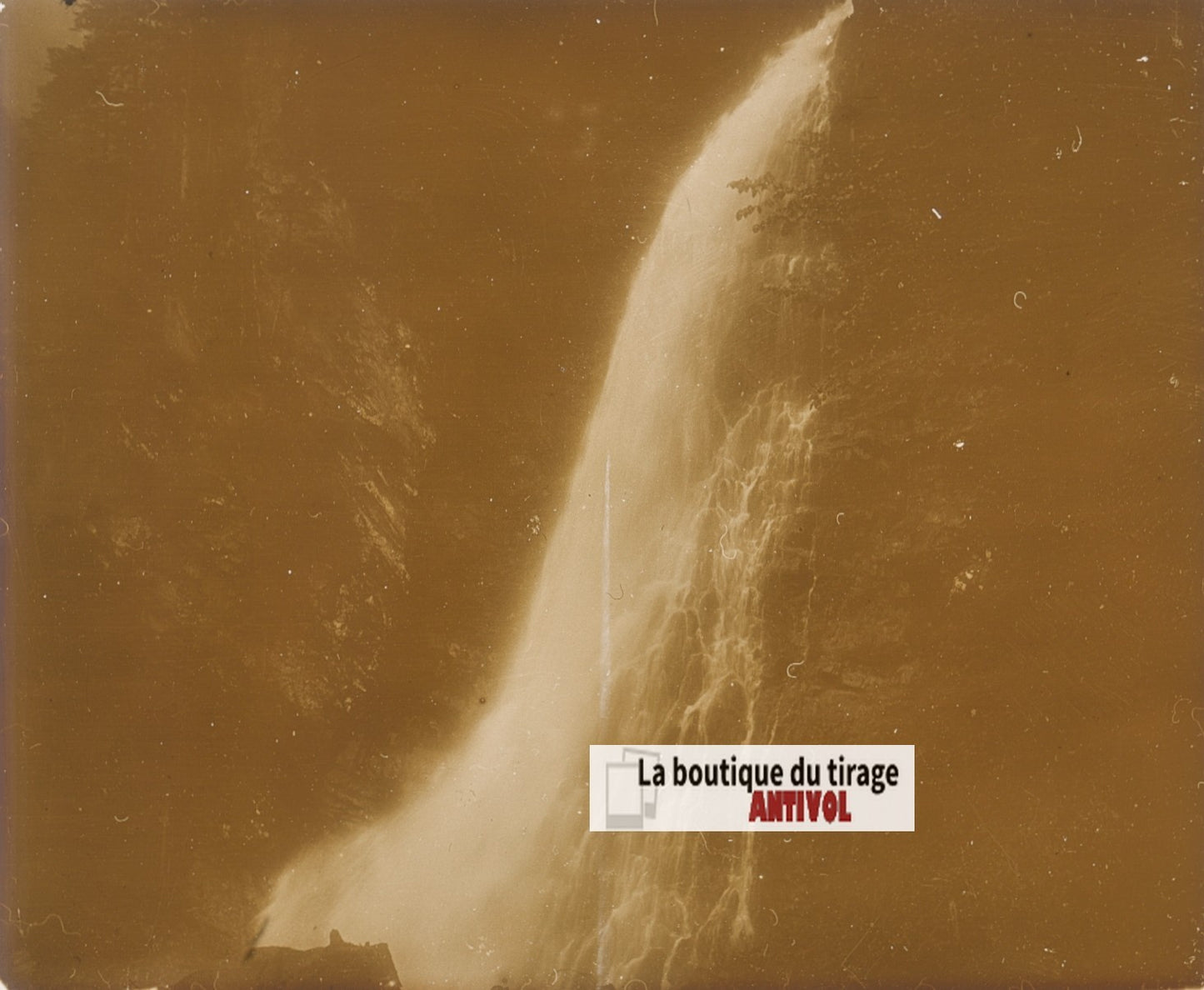 Vallée du Lys, cascade eau, plaque verre, photo ancienne stéréo, sépia 6x13 cm