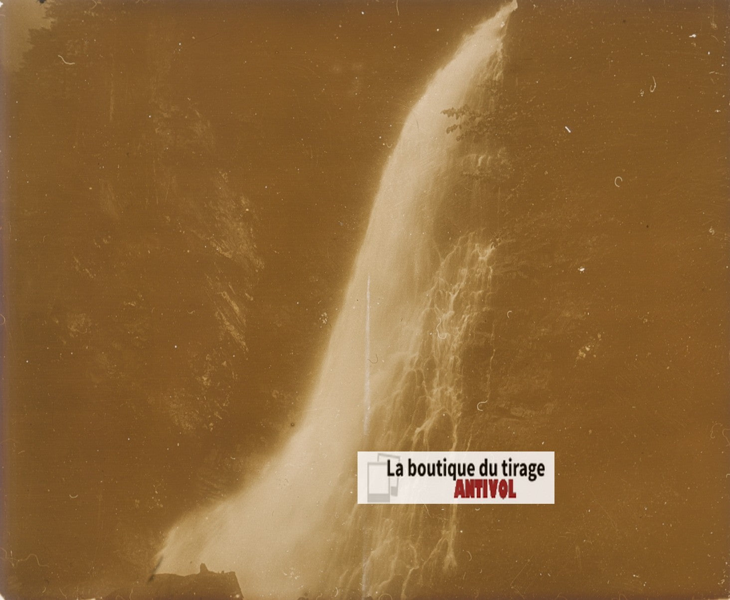 Vallée du Lys, cascade eau, plaque verre, photo ancienne stéréo, sépia 6x13 cm