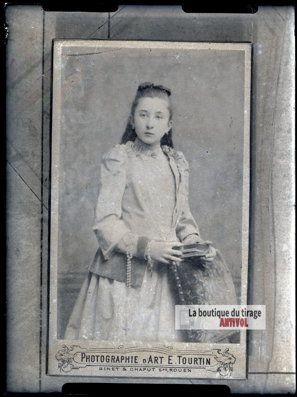 Portrait d'une jeune fille, robe, plaque verre photo ancienne, négatif 9x12 cm