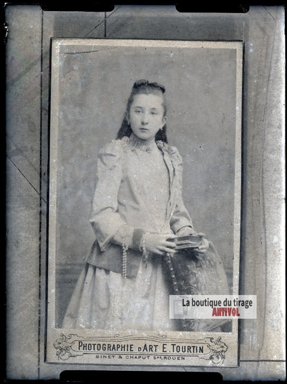 Portrait d'une jeune fille, robe, plaque verre photo ancienne, négatif 9x12 cm