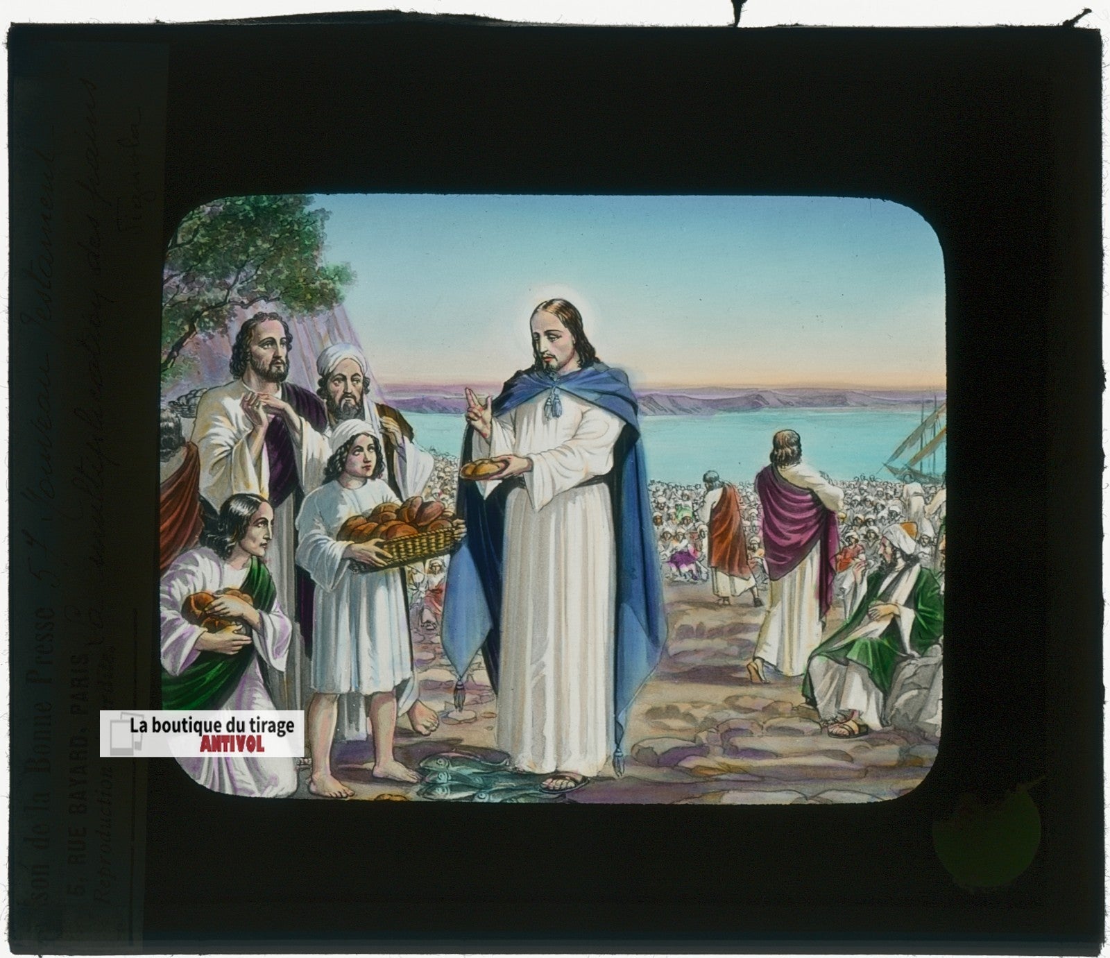 Multiplication des Pains, dessin, plaque verre ancienne, couleur 8,5x10 cm