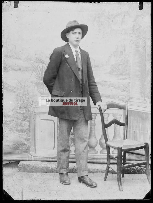 Plaque verre photo ancienne négatif noir et blanc 9x12 cm homme glass plate 