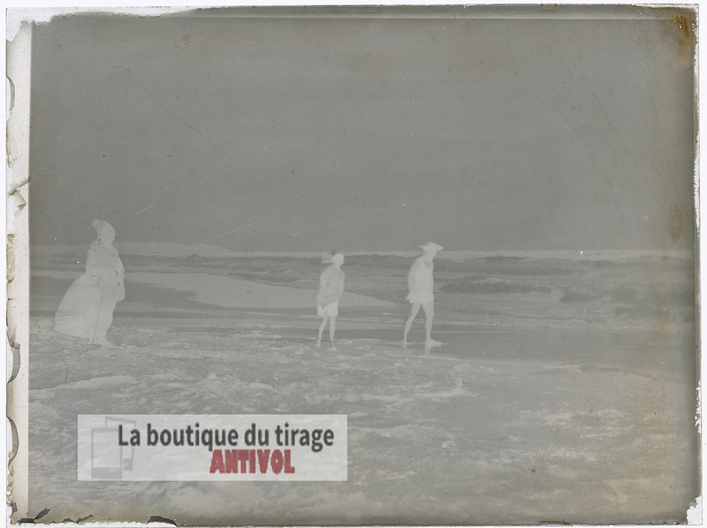 Baignade mer, Oran, Algérie, plaque verre, photo ancienne, négatif 9x12 cm