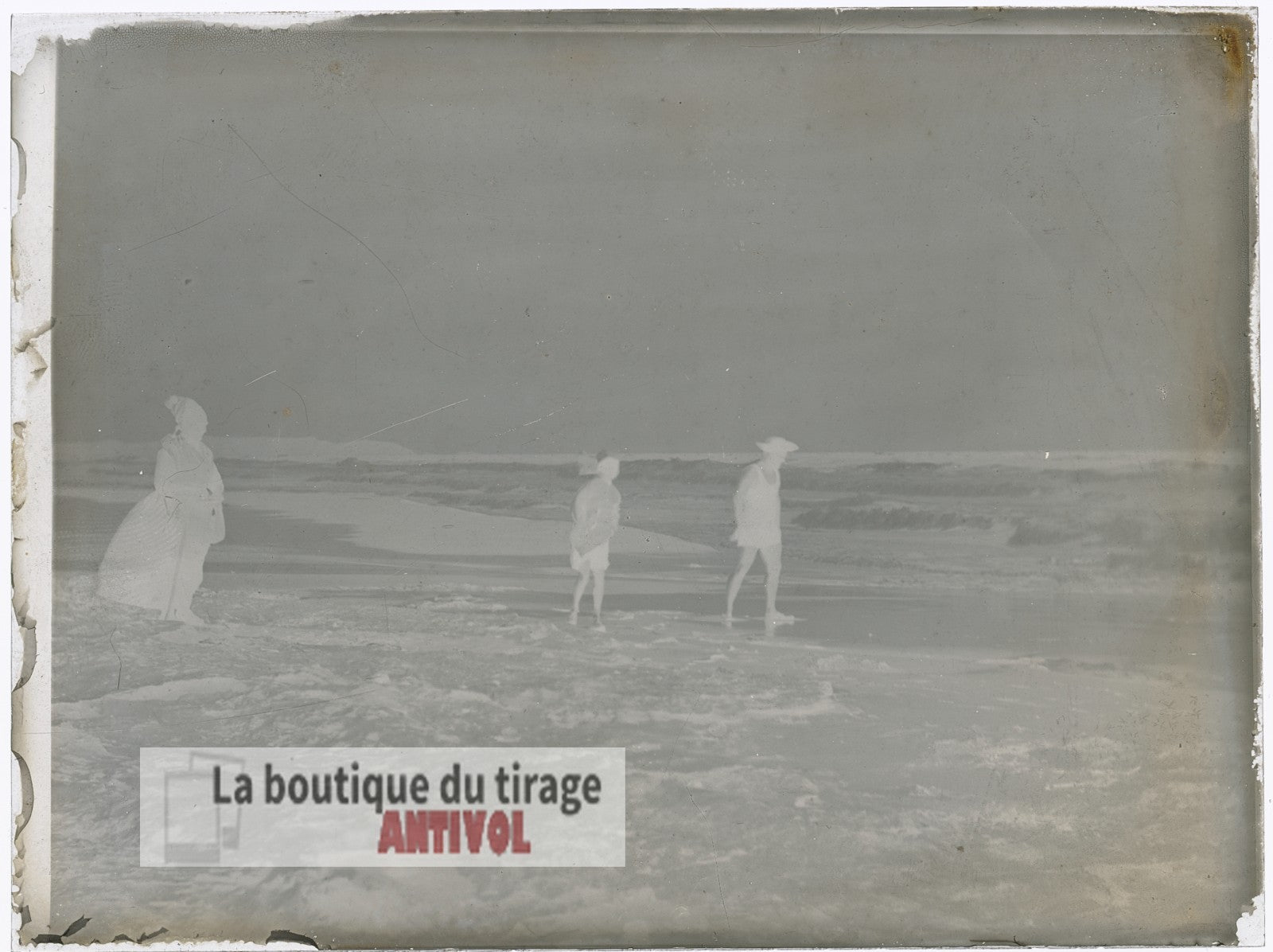 Baignade mer, Oran, Algérie, plaque verre, photo ancienne, négatif 9x12 cm