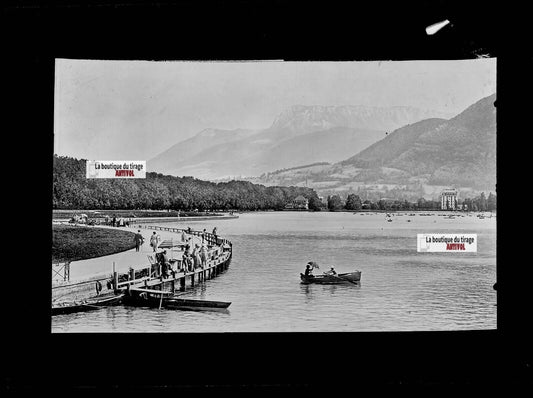 Plaque verre photo négatif noir et blanc 13x18 cm Annecy lac eau bateau + CPA