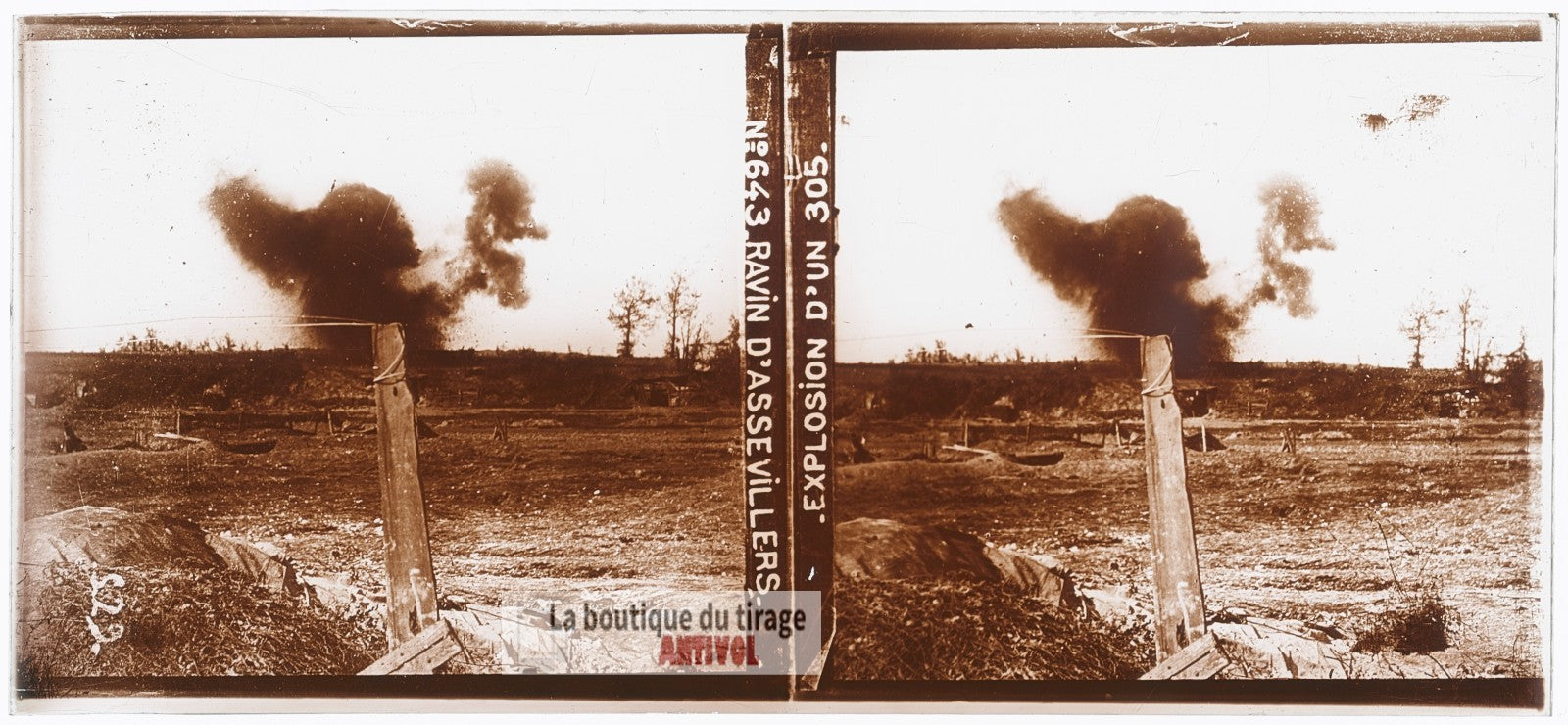 Ravin d’Assevillers, explosion WW1, plaque verre photo ancienne stéréo 6x13 cm