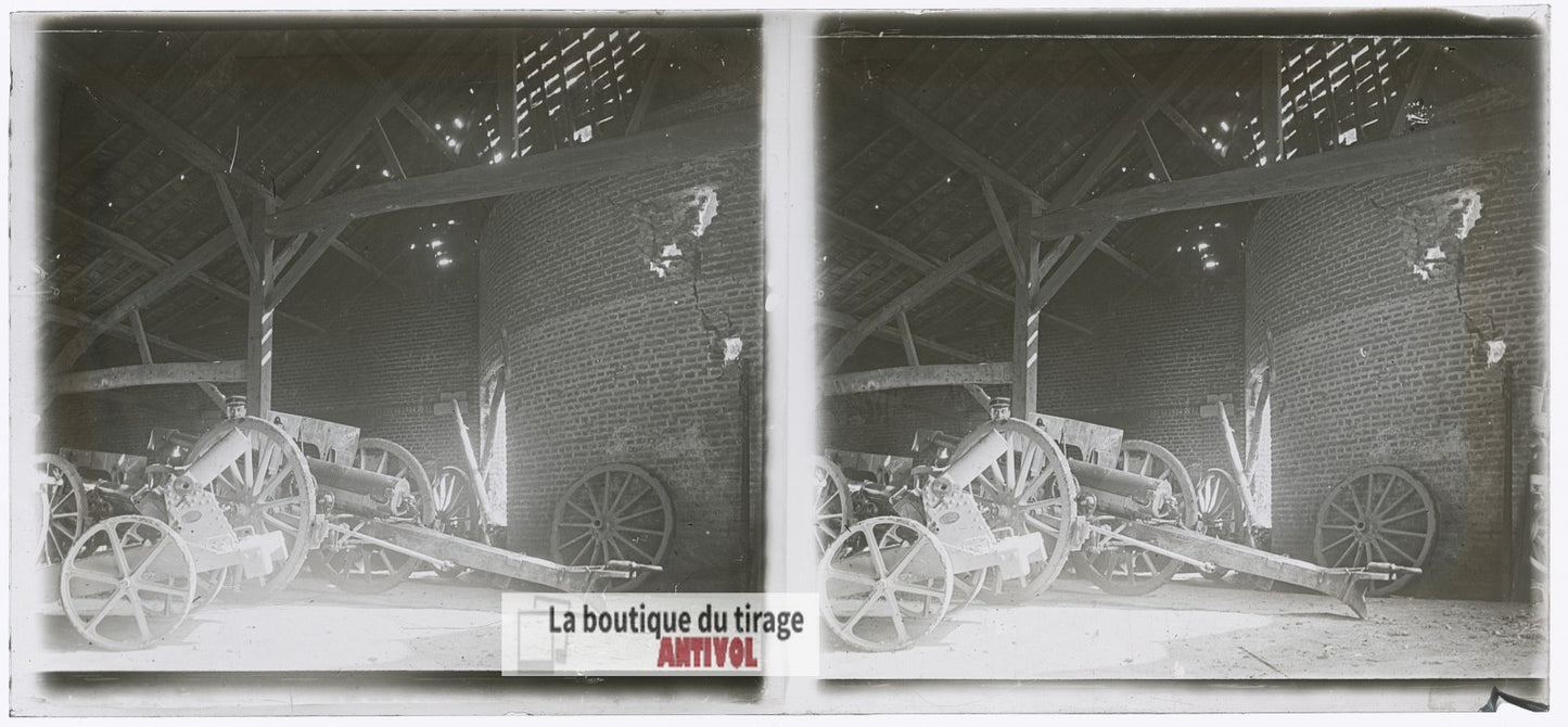 Artillerie, canons guerre WW1, plaque verre photo ancienne stéréo 6x13 cm