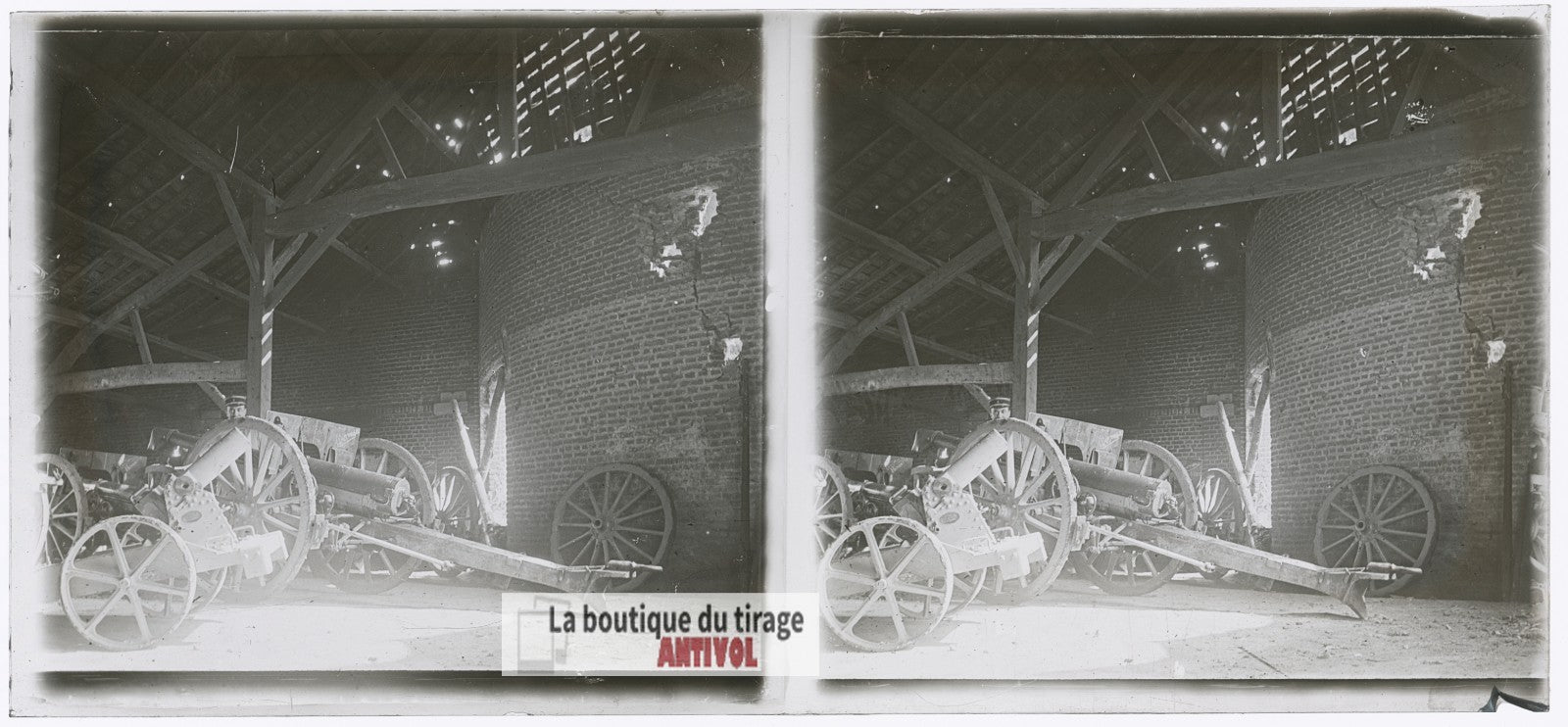 Artillerie, canons guerre WW1, plaque verre photo ancienne stéréo 6x13 cm