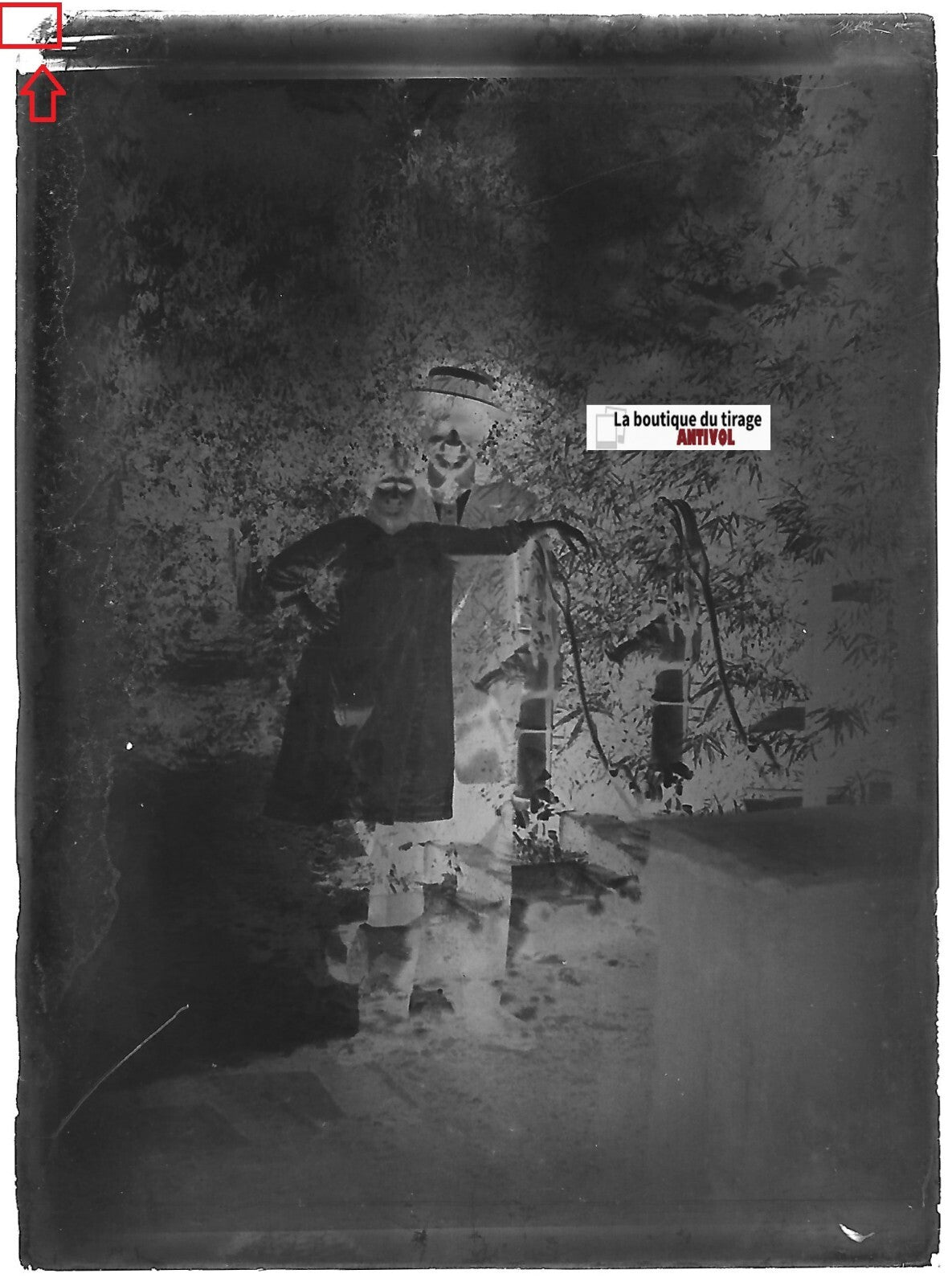 Homme, femme, curiosité, Plaque verre photo, négatif noir & blanc 6x9 cm