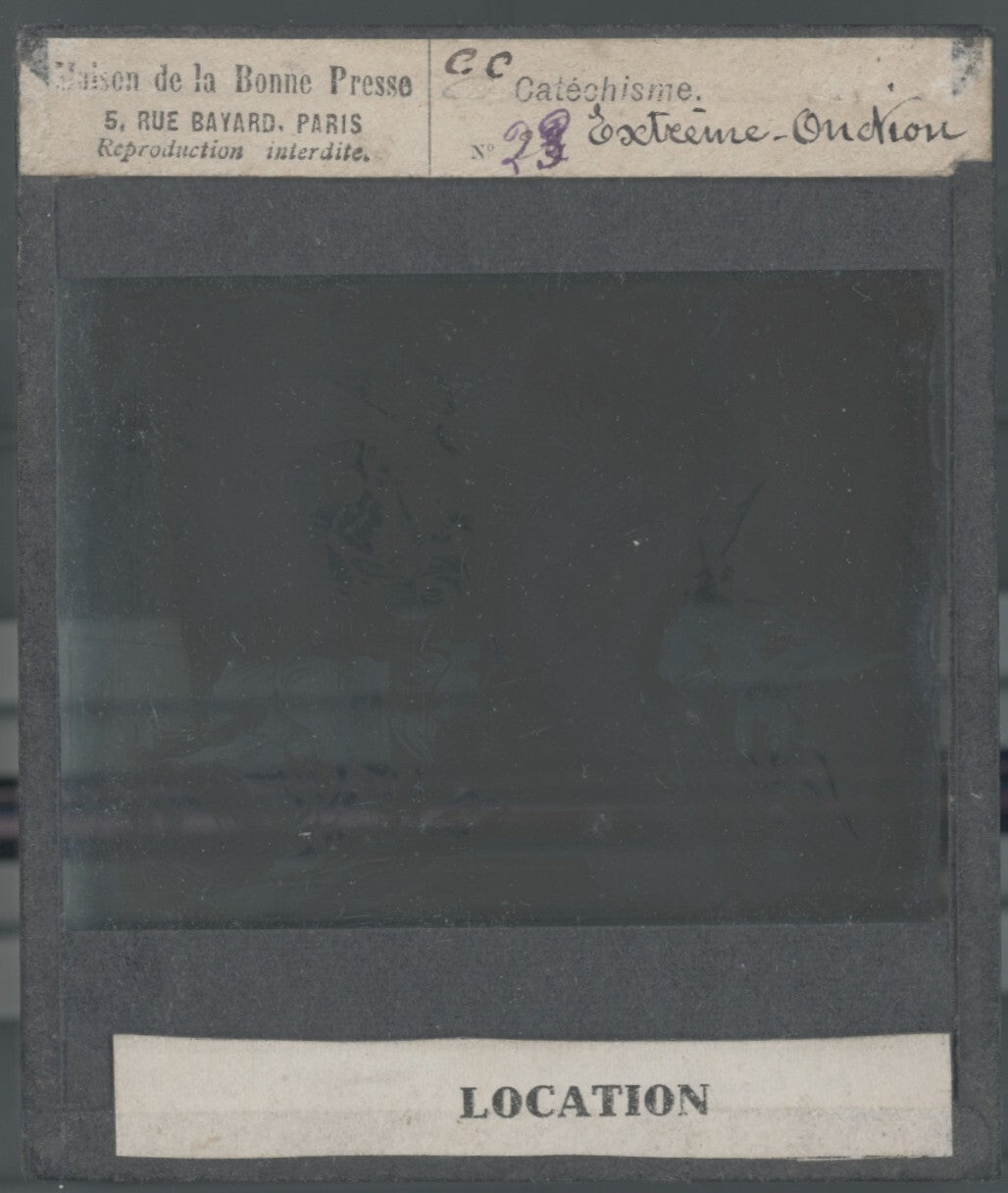 Scène religieuse, catéchisme, dessin peinture, plaque verre, positif 8,5x10 cm