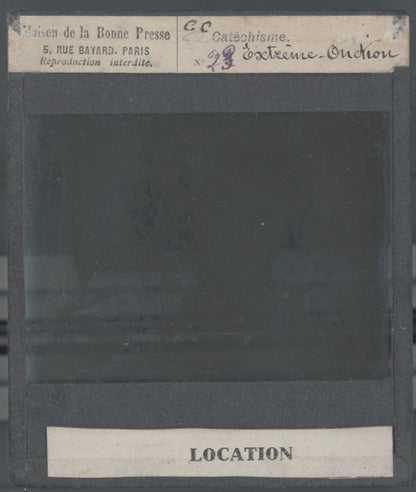 Scène religieuse, catéchisme, dessin peinture, plaque verre, positif 8,5x10 cm