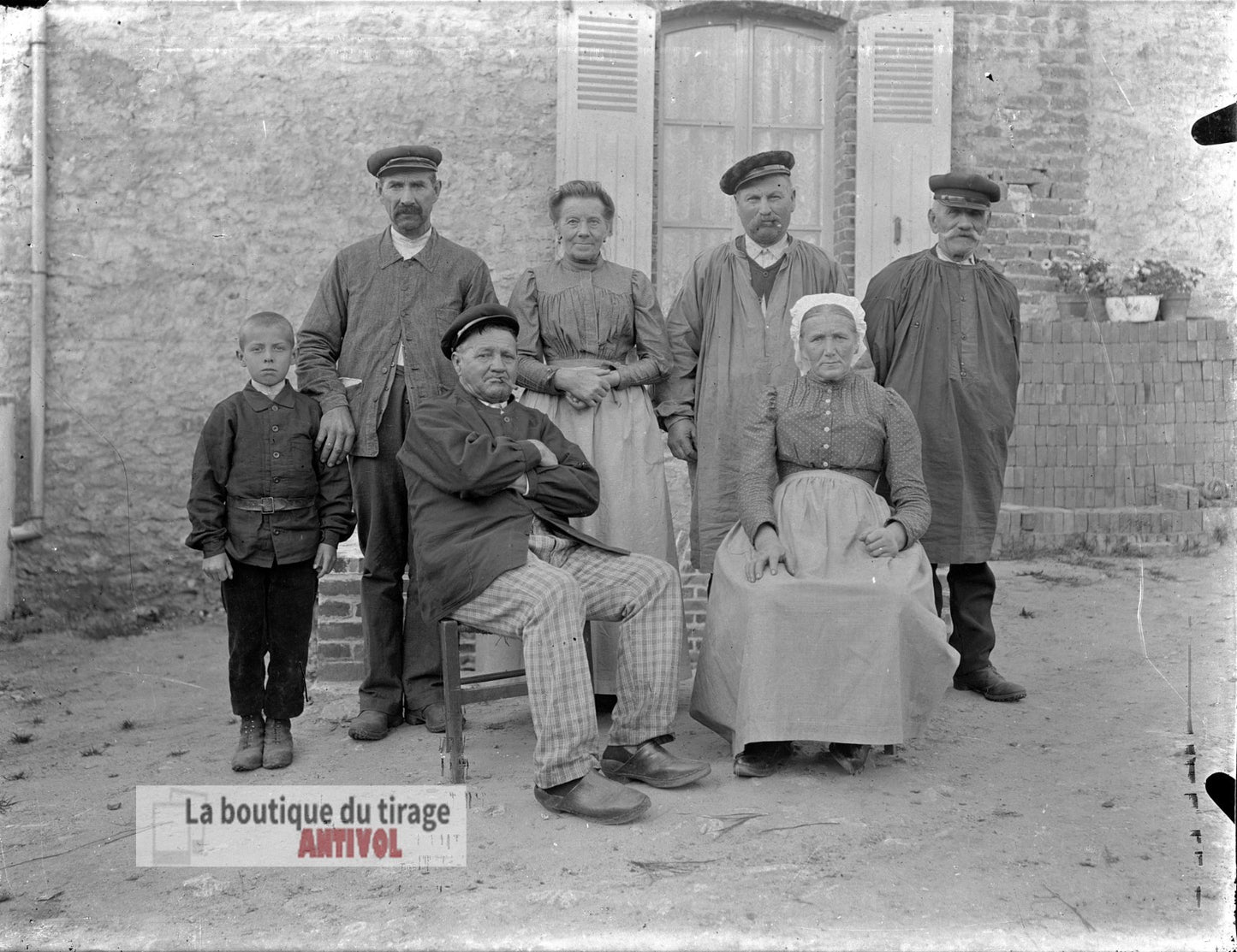 Famille, village France, campagne, plaque verre, photo ancienne, négatif 9x12 cm