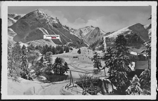 Plaque verre photo négatif noir & blanc 9x14 cm, Mont-Dore, piste de ski, Sancy