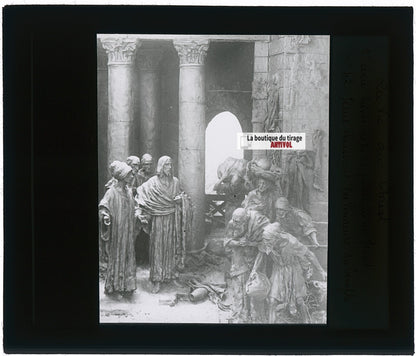 Vendeurs du Temple, photo plaque verre, noir & blanc, positif 8,5x10 cm