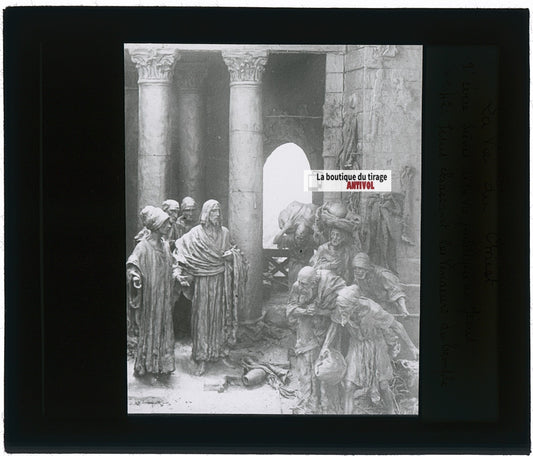 Vendeurs du Temple, photo plaque verre, noir & blanc, positif 8,5x10 cm