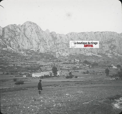 Séranon, paysage, falaise, photo ancienne plaque de verre, positif 8,5x10 cm