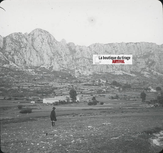 Séranon, paysage, falaise, photo ancienne plaque de verre, positif 8,5x10 cm