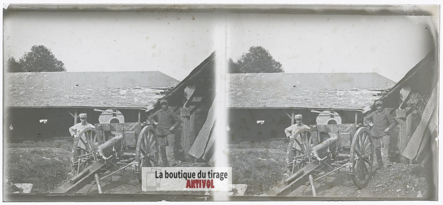 Pièce d’artillerie, canon WW1, plaque verre photo ancienne stéréo 6x13 cm
