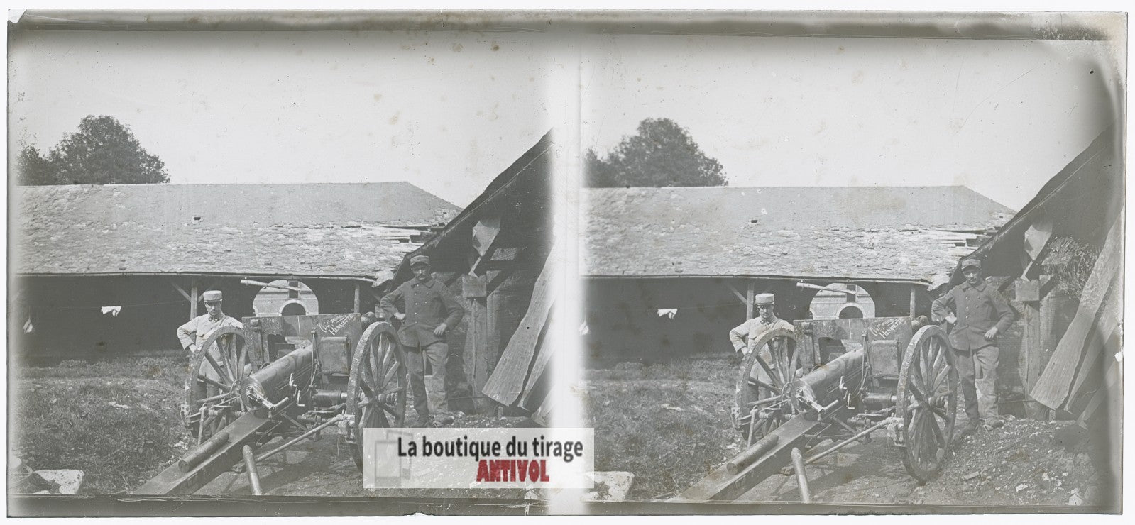 Pièce d’artillerie, canon WW1, plaque verre photo ancienne stéréo 6x13 cm
