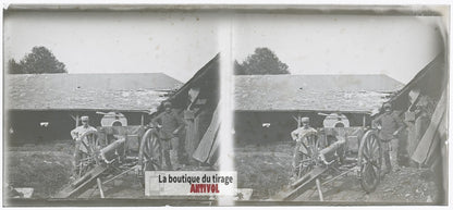 Pièce d’artillerie, canon WW1, plaque verre photo ancienne stéréo 6x13 cm