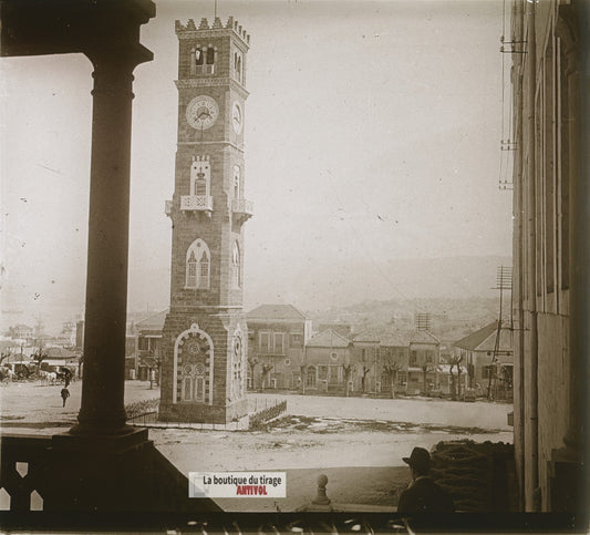Beyrouth, horloge du Grand Sérail, plaque verre photo ancienne stéréo 6x13 cm