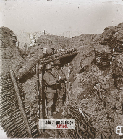 Arbre aux Vaches, tranchée guerre WW1, plaque verre stéréo, photo 4,5x10,7 cm
