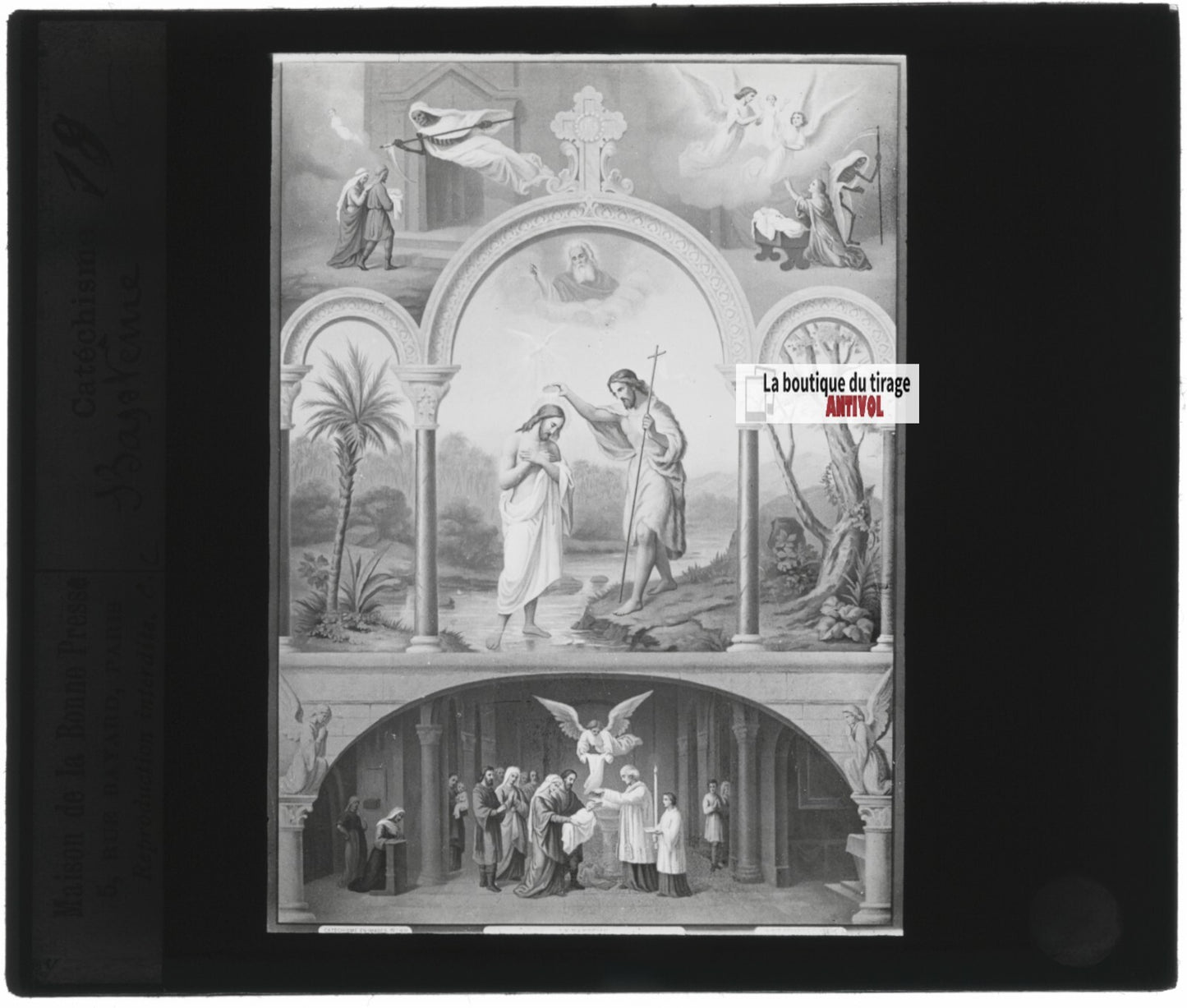 Scène religieuse, catéchisme, dessin peinture, plaque verre, positif 8,5x10 cm