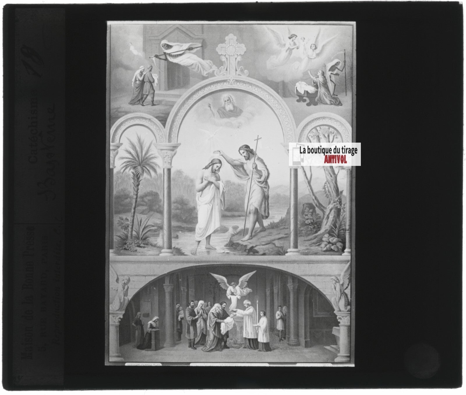 Scène religieuse, catéchisme, dessin peinture, plaque verre, positif 8,5x10 cm