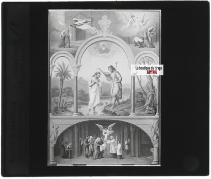 Scène religieuse, catéchisme, dessin peinture, plaque verre, positif 8,5x10 cm