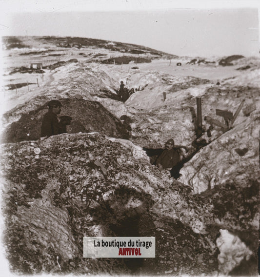 Tranchées après torpillage, guerre WW1, plaque verre stéréo, photo 4,5x10,7 cm