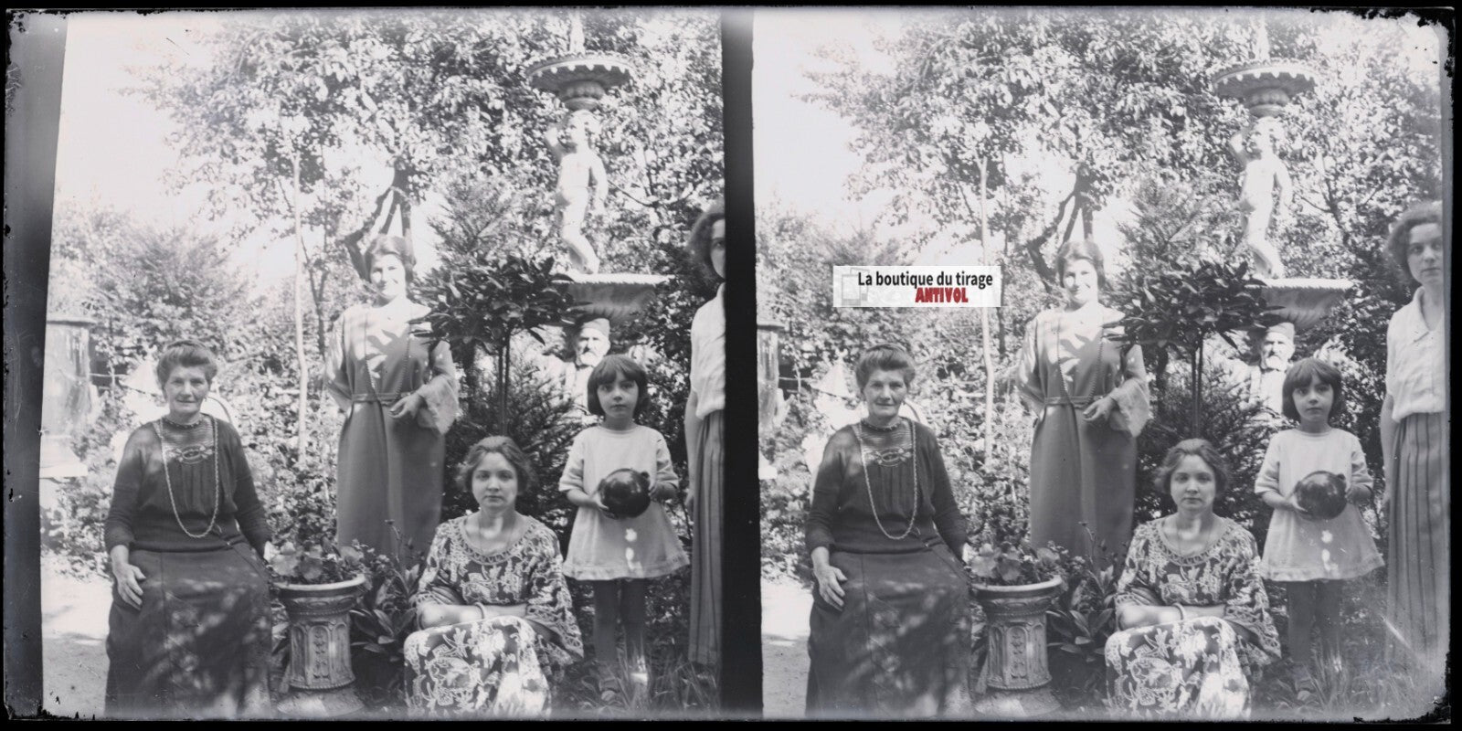 Jardin, femmes, famille, stéréoscopie, photo plaque verre, négatif 9x18 cm
