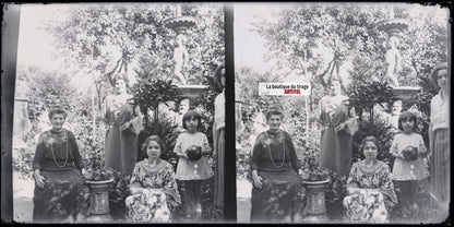 Jardin, femmes, famille, stéréoscopie, photo plaque verre, négatif 9x18 cm