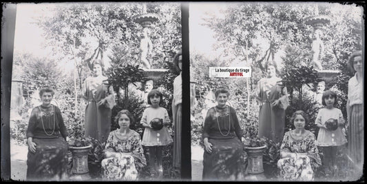 Jardin, femmes, famille, stéréoscopie, photo plaque verre, négatif 9x18 cm
