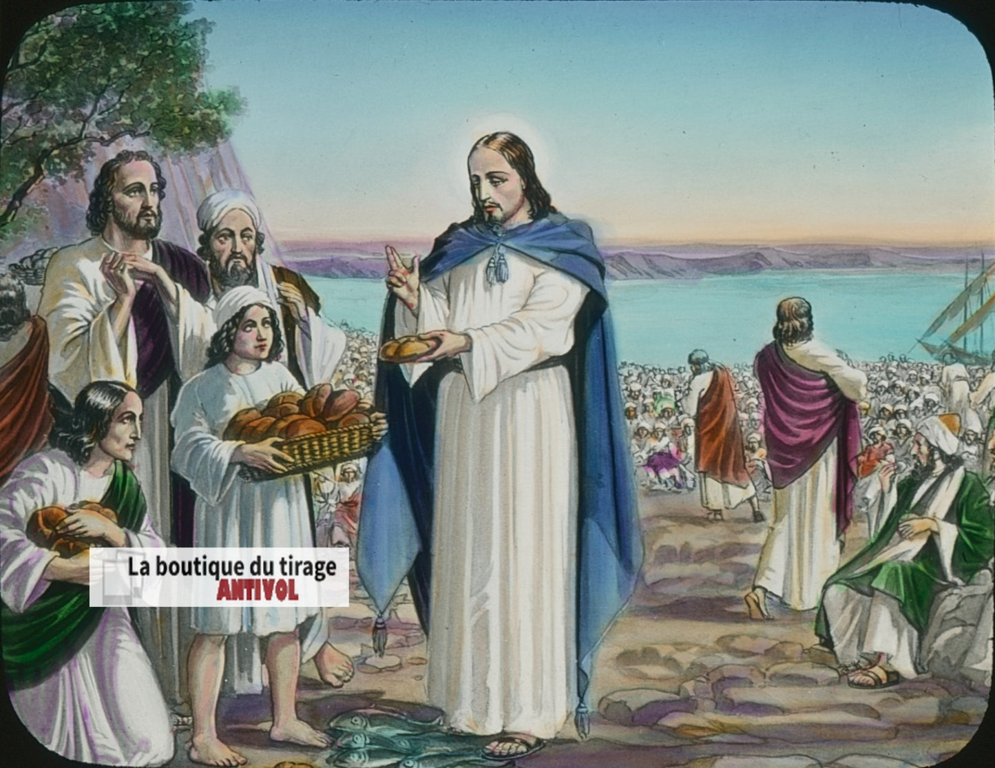 Multiplication des Pains, dessin, plaque verre ancienne, couleur 8,5x10 cm