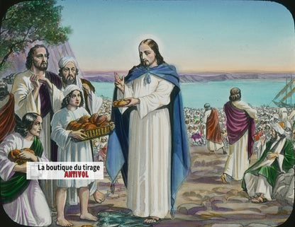 Multiplication des Pains, dessin, plaque verre ancienne, couleur 8,5x10 cm