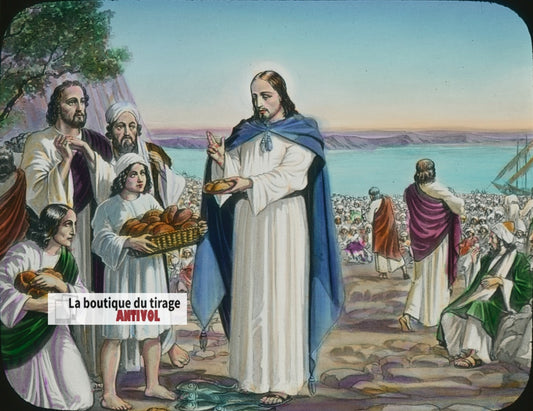 Multiplication des Pains, dessin, plaque verre ancienne, couleur 8,5x10 cm