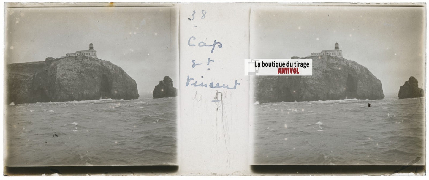 Phare, Cap Saint-Vincent, Plaque verre stéréo, positif noir & blanc 4,5x10,7 cm
