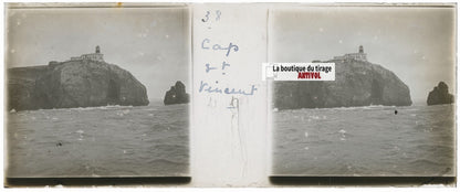 Phare, Cap Saint-Vincent, Plaque verre stéréo, positif noir & blanc 4,5x10,7 cm