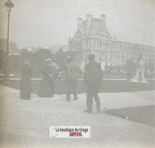 Paris, jardin Tuileries, Louvre, plaque verre stéréo, photo ancienne 4,5x10,7 cm