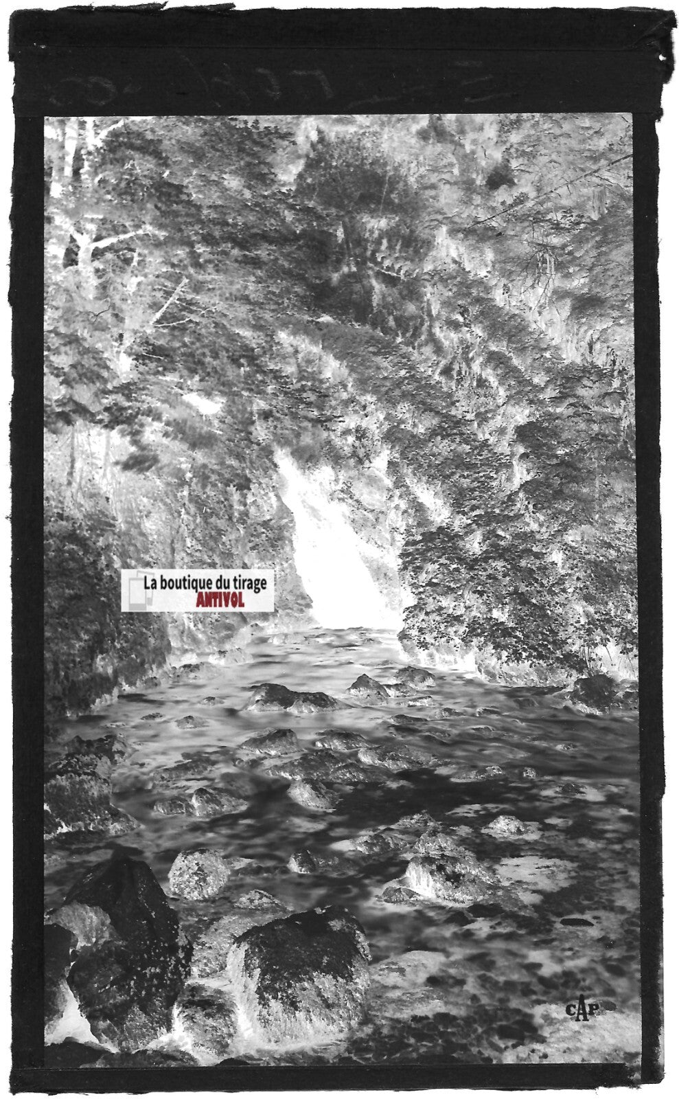 Plaque verre photo ancienne, négatif noir & blanc 9x14 cm, source du Doubs